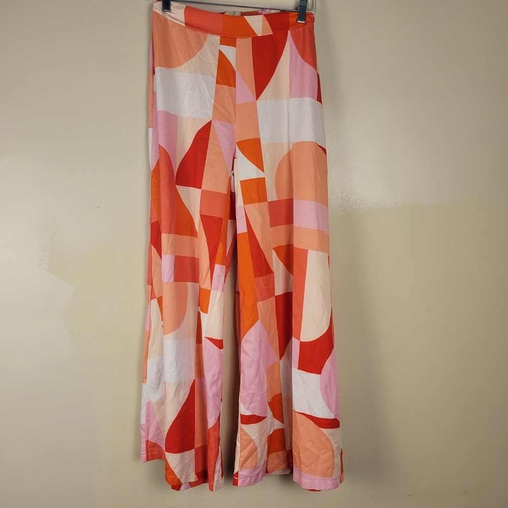 Geometric Abstract Wide Leg Palazzo Pants Orange Pink Retro Mod High Rise